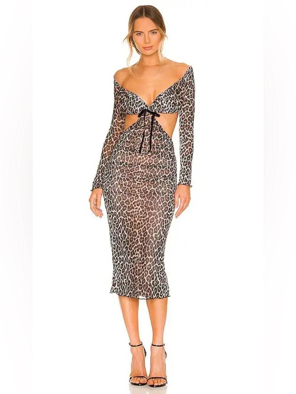 MAJORELLE Leopard Print Long Sleeve Cutout Midi Dress
